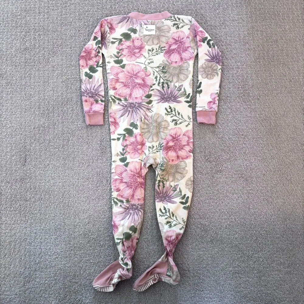 Burt’s Bees Baby Girl 18 Months Zip Up Footie Pajama Pink Flowers Organic Cotton